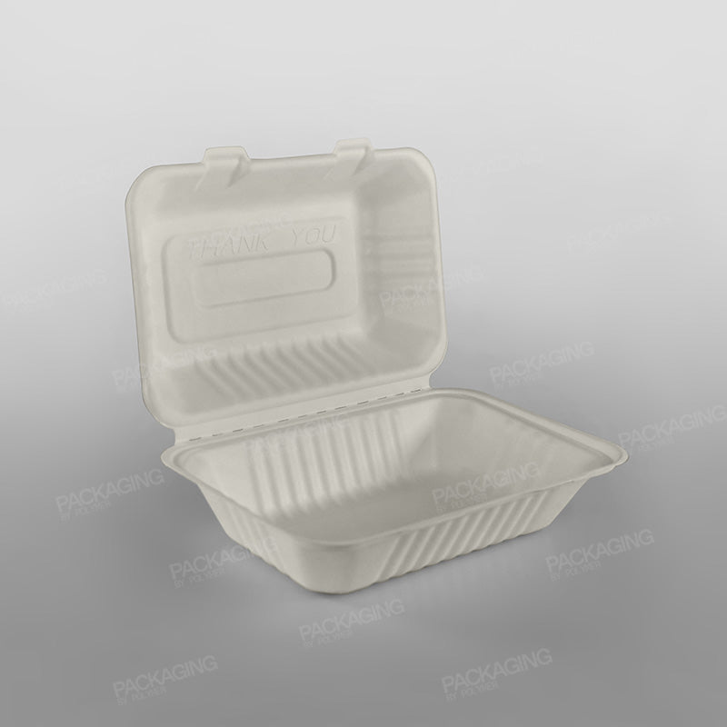 Compostable Bagasse Clamshell Lunch Box - 9x6x3inch
