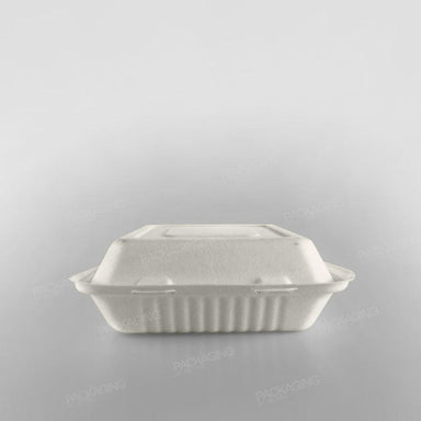 Bagasse Compostable Square 9 inch - 3 Compartment Clamshell Meal Box - Packaging By Polymer