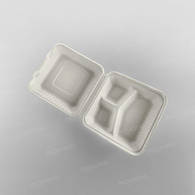 Bagasse Compostable Square 9 inch - 3 Compartment Clamshell Meal Box - Packaging By Polymer