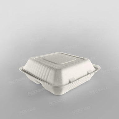 Bagasse Compostable Square 9 inch - 3 Compartment Clamshell Meal Box - Packaging By Polymer