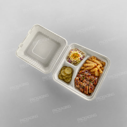 Bagasse Compostable Square 9 inch - 3 Compartment Clamshell Meal Box