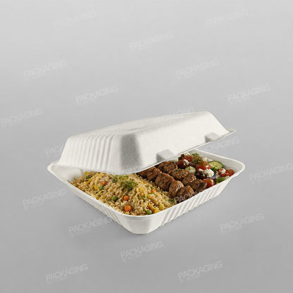 Bagasse Compostable 9 Inch Square Clamshell Meal Box