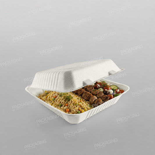 Bagasse Compostable 9 Inch Square Clamshell Meal Box