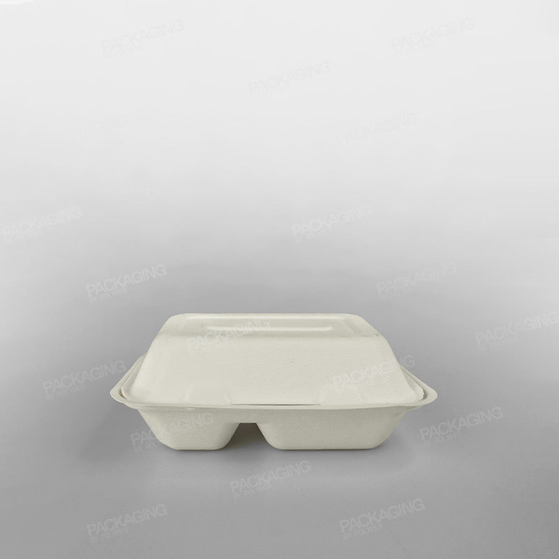 Compostable 2 Compartment Bagasse Clamshell Lunch Box - 9x6x3inch