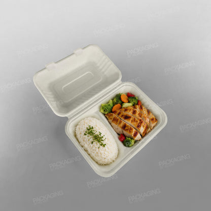 Compostable 2 Compartment Bagasse Clamshell Lunch Box - 9x6x3inch