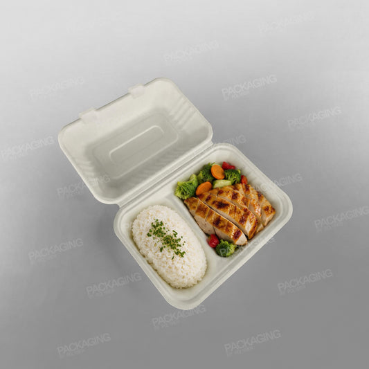 Compostable 2 Compartment Bagasse Clamshell Lunch Box - 9x6x3inch