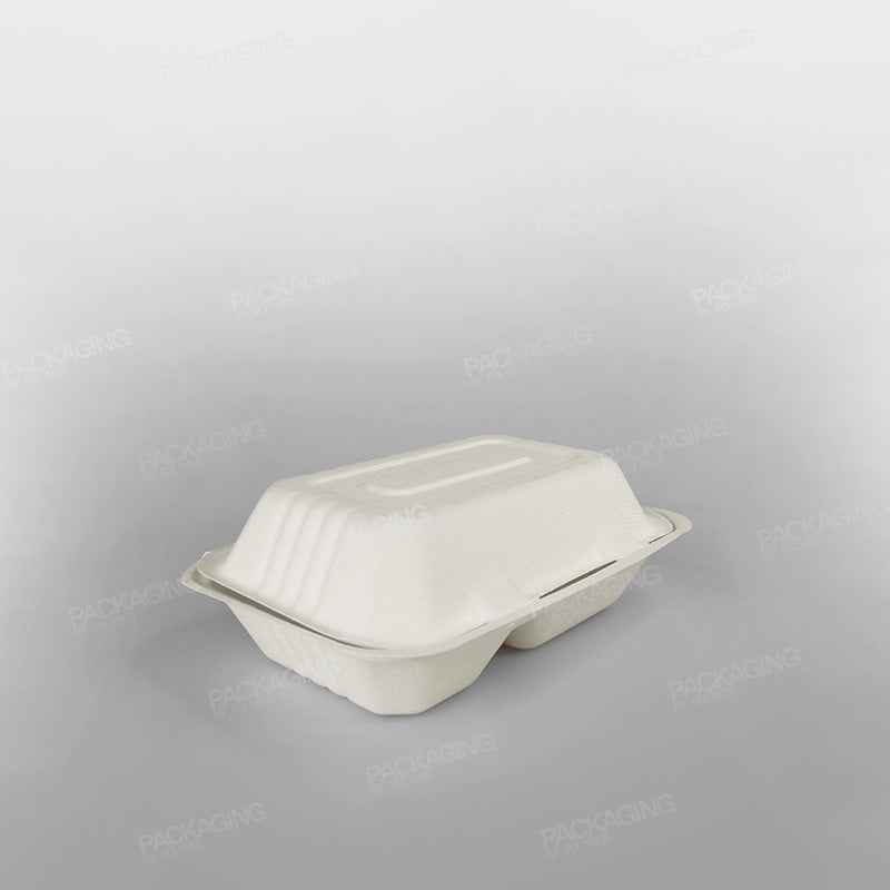 Compostable 2 Compartment Bagasse Clamshell Lunch Box - 9x6x3inch